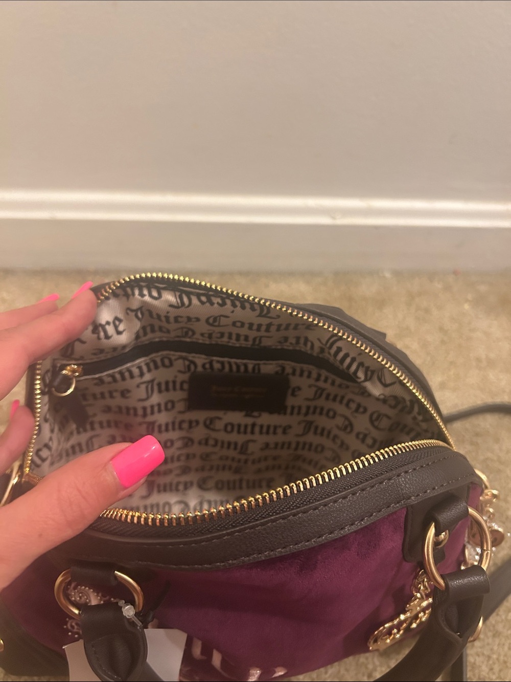 Juicy Couture Plum Velvet Dome Satchel with Black Trim and Gold Crown Charm - Picture 3 of 4